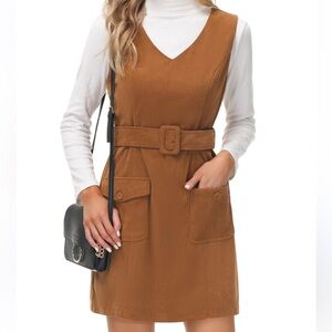 NWT Kancy Kole Brown Corduroy Pinafore Dress with Belt & Pockets